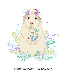 vector illustration of a cute Guinea pig with a wreath of flowers, cartoon design