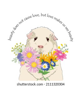 Vector illustration of a cute Guinea pig with a bouquet of flowers, cartoon design.