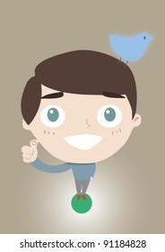 Vector illustration with a cute guy and a bird