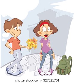 Vector Illustration of Cute Guy and Girl in Love. Cartoon