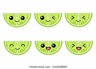 Vector illustration of cute half lime cartoon character isolated on white background. Fruit cartoon set with kawaii smiling emoji.