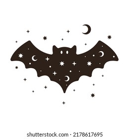 Vector illustration of cute halloween bat. Hand drawn magic character for kids. Spooky creature with stars and moon decor on wings