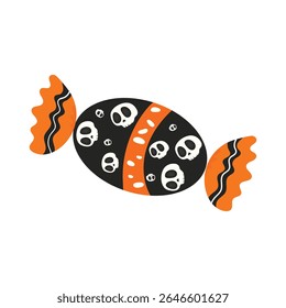 Ilustração vetorial de um doce de Halloween bonito com design de crânio em estilo de desenho animado plano. Perfeito para decorações assustadoras, enganar ou tratar temas, gráficos de festa e materiais de marketing sazonais divertidos.