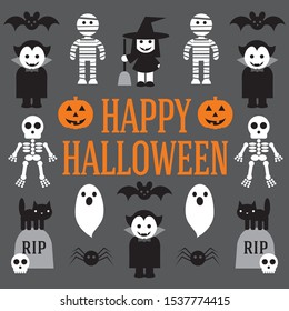 Vector illustration of cute Halloween characters with a Happy Halloween message
