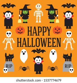 Vector illustration of cute Halloween characters with a Happy Halloween message
