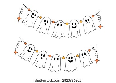Vector illustration of a cute Halloween hanging garland bunting featuring friendly white ghosts with various fun facial expressions, strung together with orange beads and sparkling stars on a thin line, isolated on a white background, perfect for kids Halloween party decorations, greeting cards, trick-or-treat banners, stickers, and seasonal autumn celebration designs.
