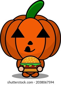 vector illustration of cute halloween mascot pumpkin cartoon character eating burger