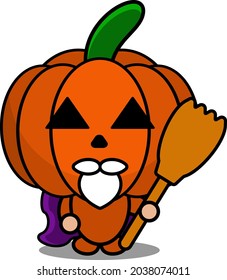 vector illustration of cute halloween mascot pumpkin cartoon character holding a broom