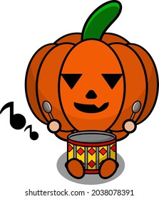 vector illustration of cute halloween mascot pumpkin cartoon character playing drums