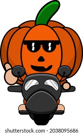 vector illustration of cute halloween mascot pumpkin cartoon character riding a motorcycle
