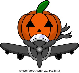 vector illustration of cute halloween mascot pumpkin cartoon character riding a plane