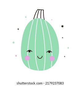 Vector illustration of cute halloween mint pumpkin. Hand drawn magic character. Thanksgiving element with stars decor for card, poster design