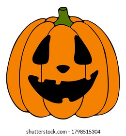 Vector illustration. Cute halloween pumpkin with smile isolated on white. Hand drawn simple doodle clipart in a trendy minimalism style. Holiday theme. For menu, logo, food banner, cards, invitational