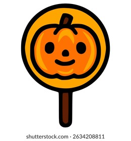 Vector illustration of a cute Halloween pumpkin lollipop on a stick, featuring a simplified design with bold outlines and vibrant orange and black colors.