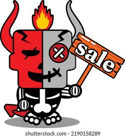 vector illustration of cute halloween skull cartoon voodoo devil doll mascot character holding a sale board