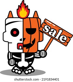 vector illustration of cute halloween skull cartoon pumpkin mascot character holding a sale board