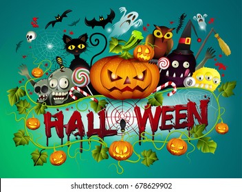 Vector illustration of Cute Halloween Text Banner,Drawn Halloween symbols pumpkin,logo design.- vector illustration