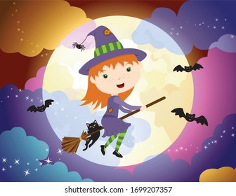 A vector illustration of a cute Halloween witch girl flying on her broom in front a spooky full moon