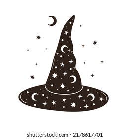 Vector illustration of cute halloween witch hat. Hand drawn magic pointy cap silhouette. Wizard clothing element with stars and moon decor