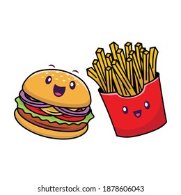 Vector Illustration Of Cute Hamburger And Potato Wedge Cartoon Character. Very Suitable For Application Icons, Web Icons, Clipart, Stickers, And Fast Food Icons