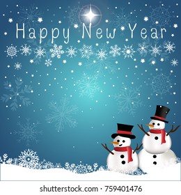 Vector and illustration of cute hand drawing snowman with snowflakes and snowfall on bright night blue sky background and Happy New Year words