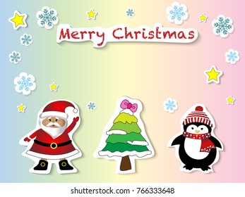 Vector and illustration of cute hand drawing sticker style Santa claus, Christmas tree, Penguin with Merry Christmas word on pastel background