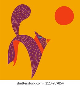 Vector illustration of cute hand drawn fox and sun. Design for t-shirt. Tribal african style.