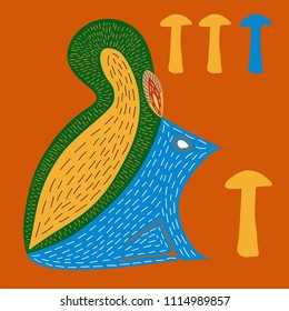 Vector illustration of cute hand drawn squirrel and mushrooms. Design for t-shirt, greeting card, sticker. Tribal african style.