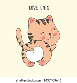 Vector illustration of cute hand drawn cat, back view, ass with a heart-shaped stain, striped tail, card with lettering love cats, animal protection, cartoon brown kawaii kitten drawn in anime style