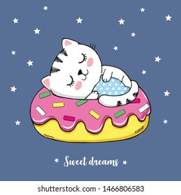 Vector illustration of cute hand drawn white cat sleeping inside pink donut and hugging polka dot pillow night sky with stars, lettering sweet dreams, cartoon card in kawaii anime style, good night