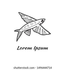 Vector illustration with cute hand drawn flying fish. Marine animals collection. Outline sketch. May use as a coloring page