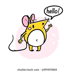 Vector illustration of cute hand drawn yellow mouse character / rat saying hello on white background. 2020 year mascot. For kid prints, cards, packaging design, logo etc.