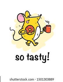 Vector illustration of cute hand drawn mouse character walking with donut with coffee cup on white background. Hand drawn comic style. 2020 year mascot. For kid prints, cards, banners, stickers etc.