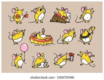 Vector Illustration Of Cute Hand Drawn Yellow Mouse Character In Different Situations: Jump, Read, Win, Swim, Yawn. Isolated. 2020 Year Mascot. For Stickers, Nursery, Prints, Banners, Logo, Cards Etc.