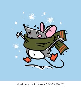 Imagen vectorial del lindo personaje de ratón dibujado a mano en una gran bufanda saltando feliz aislado en un fondo nevado. Mascota de 2020. Para la impresión infantil, diseño infantil, logotipo de Navidad, tarjeta de invierno, pancarta, pegatina