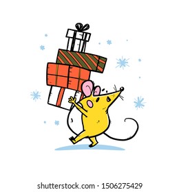 Vector illustration of cute hand drawn happy mouse character carry big pile of gifts and present boxes on snowy background. Christmas winter holiday concept. For prints, cards, banners, logo, stickers