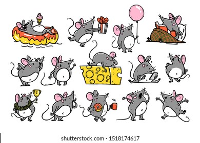 Vector illustration of cute hand drawn grey mouse character in different situations: hold cheese, jump, give present, read, win, swim, yawn. 2020 year mascot. For sticker, nursery, print, banner, logo