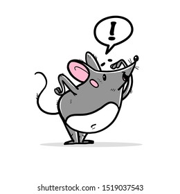 Vector illustration of cute hand drawn grey mouse character with text box standing isolated and looking forward on white background. 2020 year mascot. For stickers, cards, prints, nursery, banners etc