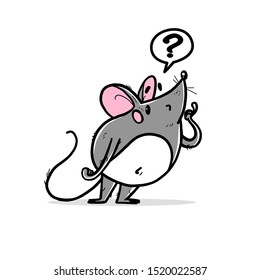 Vector illustration of cute hand drawn grey mouse character wondering standing isolated on white background. 2020 year mascot. For prints, cards, kid design, banners, stickers etc.