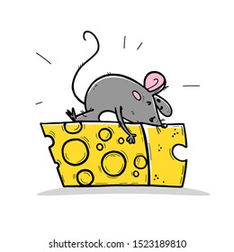 Vector illustration of cute hand drawn mouse character laying happy on big cheese slice isolated on white background. 2020 year mascot. For kid prints, cards, banners, logo. Welcome present concept.