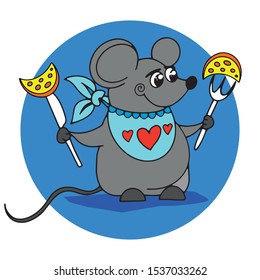 Vector illustration of cute hand drawn mouse character holding two cheese slices. 2020 year mascot. For kid prints, cards, banners, logo, stickers, insta and boos design.