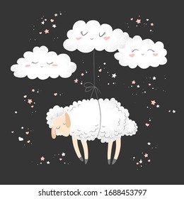 Vector illustration with cute hand drawn cartoon sheep and clouds  isolated on dark grey background. Design for print, fabric , wallpaper, card