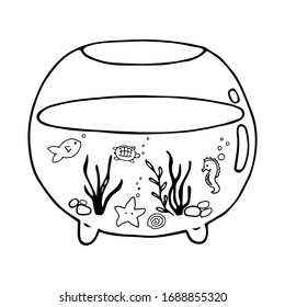 Vector illustration. Cute hand drawn contour of glass aquarium with marine life on white. Element of the cozy home interior. Simple doodle clipart in a trendy minimalism style. 