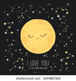 Vector illustration with cute hand drawn cartoon moon, stars and quote I love you to the moon and back isolated on dark background. Design for print, fabric, wallpaper, card