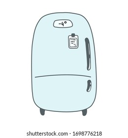 Vector illustration. Cute hand drawn light mint color retro fridge isolated on white. Cozy element of kitchen interior. Simple doodle clipart in a trendy minimalism style.