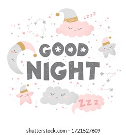 Ilustración vectorial con las bonitas nubes de dibujos a mano, luna, estrellas y cita Buenas noches aisladas en fondo blanco. Diseño para impresión, tela, papel pintado, tarjeta