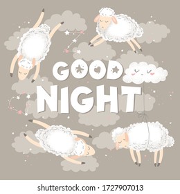 Vector illustration with cute hand drawn cartoon sheeps, clouds, stars and quote Good night isolated on brown background. Design for print, fabric, wallpaper, card