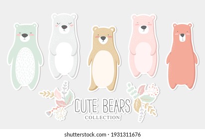 Vector illustration with cute hand drawn bears characters stickers isolated on white background. Design for print, fabric, wallpaper, card, baby shower