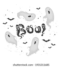 Ilustración vectorial con fantasmas dibujados a mano y con letras Boo aislados en fondo blanco. Diseño para afiches, tarjeta de saludo, banner, invitación de fiesta