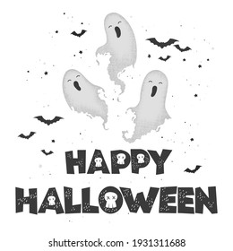 Vector illustration with cute hand drawn ghosts and lettering Happy Halloween isolated on white background. Design for poster, greeting card, banner, party invitation